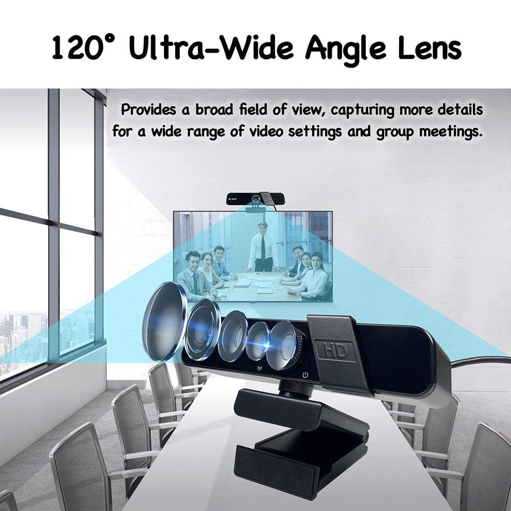 Q8 1080P HD USB PC Webcam with Manual , 120° Wide Angle, Mic, Privacy Cover, Tripod, Type-C, for Zoom/Skype/Live