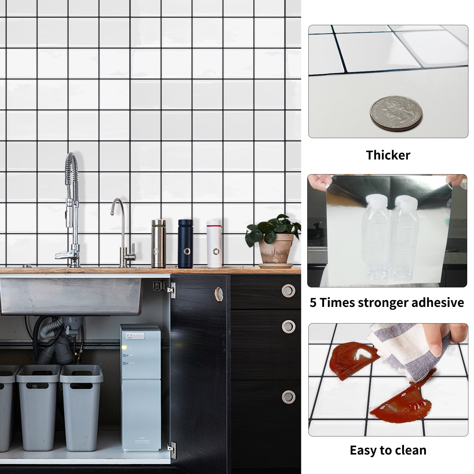 DEWOO Thick Square Kitchen Peel and Stick Backsplash Mosaic Tiles Square Self Adhesive Wall Tile Checkerboard Checkered Stickers,White (10-Sheet,12"x12")