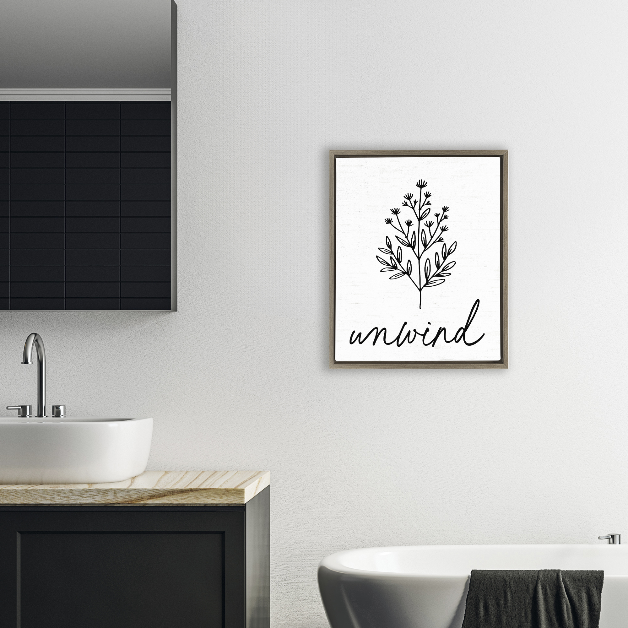 Bathroom Herb Unwind Brown Framed Floater Canvas Wall Art, design by Lettered and Lined