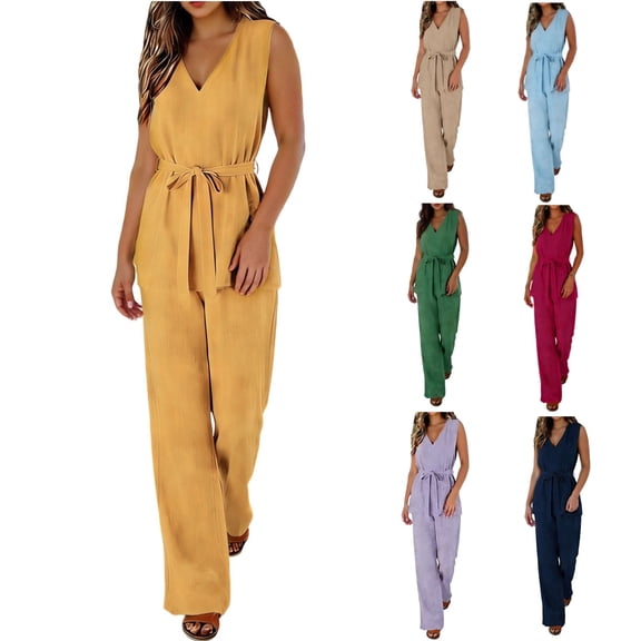 Miluxas Summer Jumpsuits for Women Dressy Casual Sleeveless One Piece Outfits High Waisted Wide Leg Pant Long Rompers Yellow XL(XL)