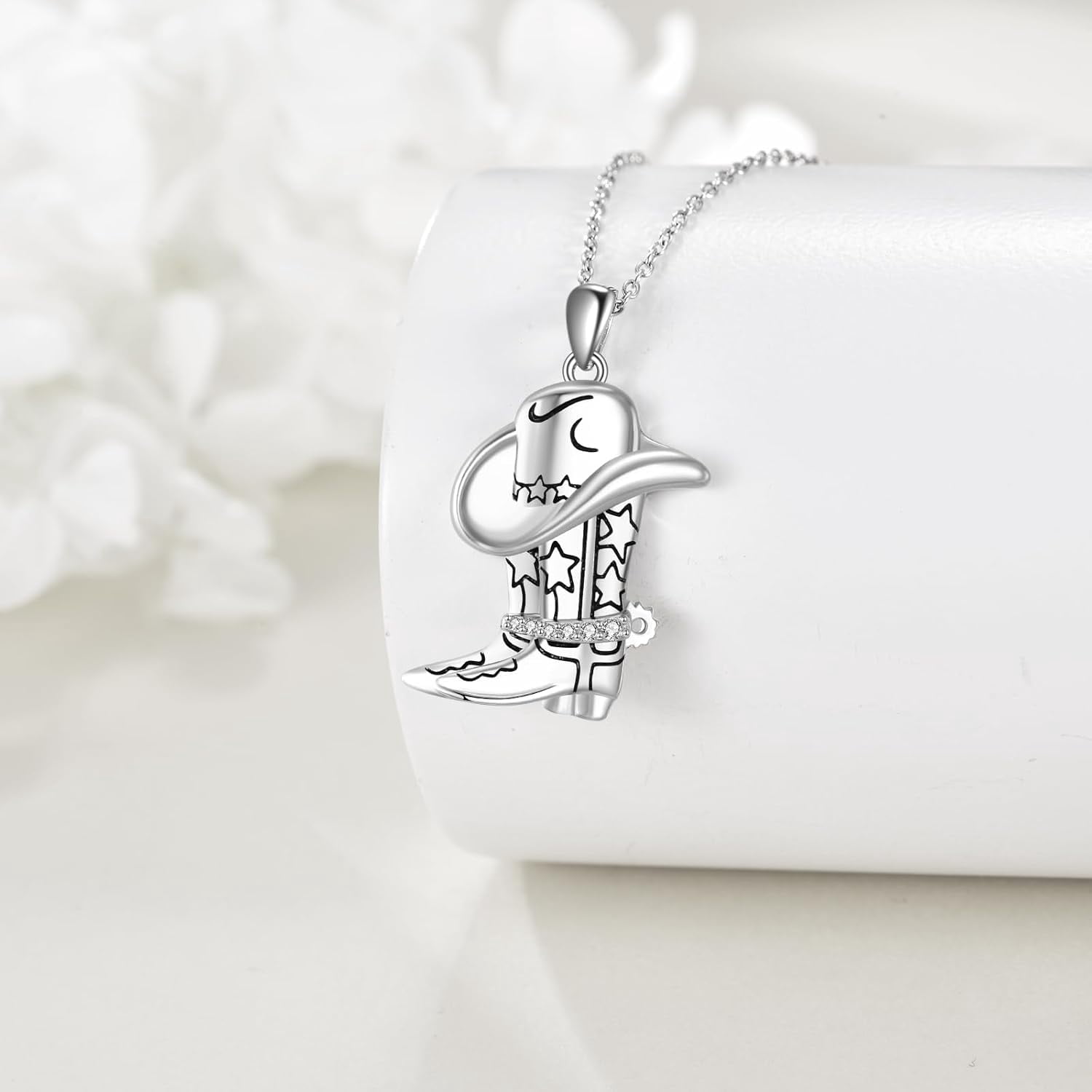 Cowboy Boot Necklace 925 Sterling Silver Cowgirl Hat Pendant Necklaces Western Country Jewelry Equestrian Gift for Women Men Cowboys Cowgirls Horse Lovers