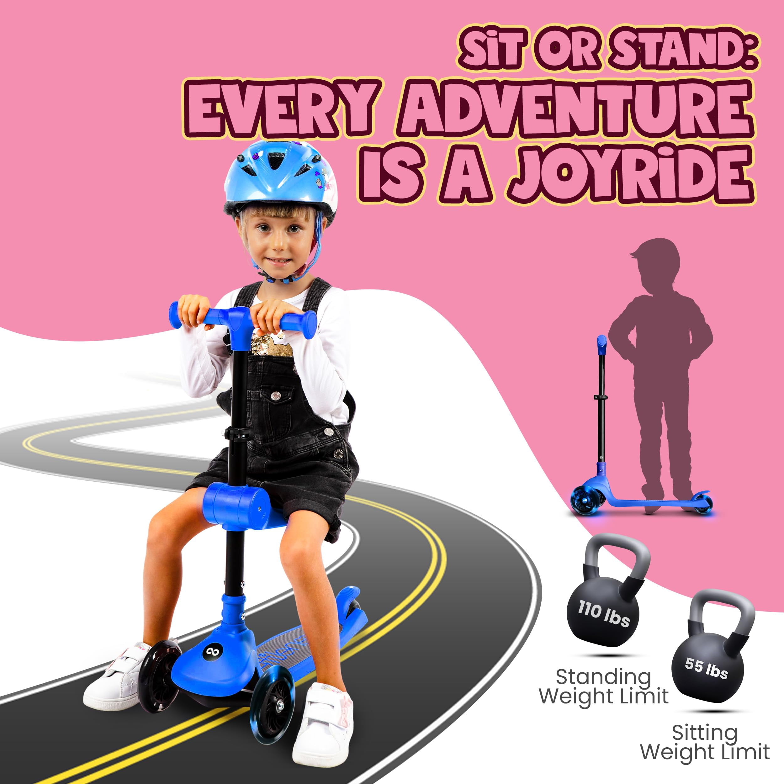 SereneLife 3-Wheel Foldable Kids Scooter – LED Wheel Lights, Adjustable Handlebar, Rear Foot Brake, Lean-to-Steer, Anti-Slip Deck – Ideal for Toddlers & Kids 2+, up to 110 lbs