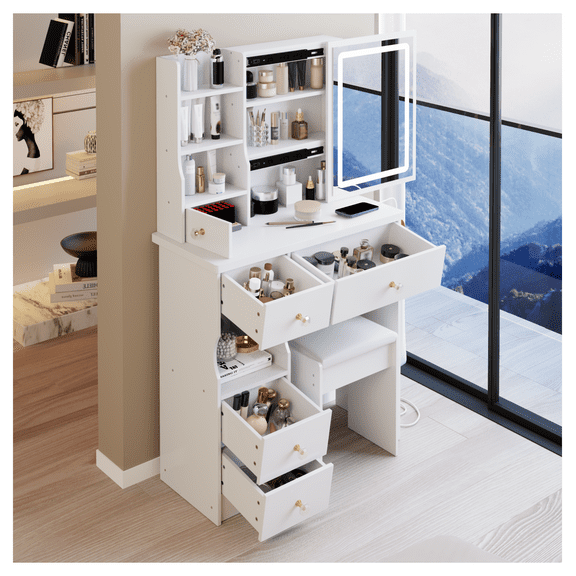 3-in-1 Vanity Desk with Mirror & Lights, Small Makeup Table with Visible Glass, 3 Drawers, Storage & 3-Color Lighting, Bedroom Vanity