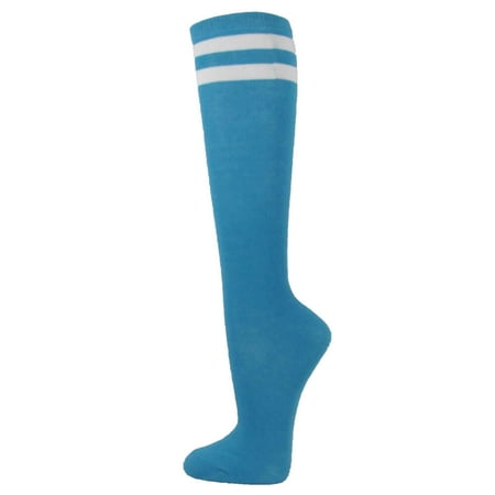 

COUVER Ladies Girls 2 Striped Knee High Fashion Casual Tube Cotton Socks(1 pair) Sky Blue / White