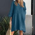 thumbnail image 1 of Liquidation d'Été 2025! Robe Grande Taille pour Femmes, Liquidation de Robe d'Été pour Femmes, Robe Décontractée à Manches 3/4 Col Rond Imitation Coton et Lin Couleur Unie avec Poches, 1 of 5