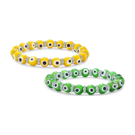 Bling Jewelry Womens Yellow & Green Evil Eye Bead Stretch Bracelets Crystal Spacers Set of 2