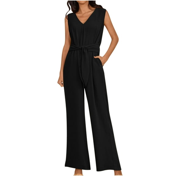 Caywon Fashion Womens Summer Solid Color Romper Sleeveless Design Belted High Waist Long Pants Casual Comfortable Fit Lightweight Fabric Black XL
