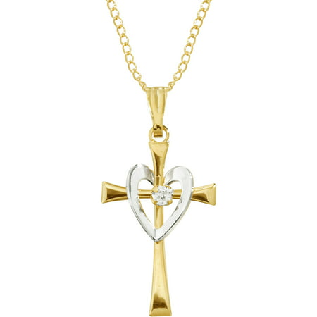 Brilliance Fine Jewelry 14K Yellow Gold-Filled, Rhodium-Plated Cross Heart Pendant with 1.0 CTTW CZ Accent, 18