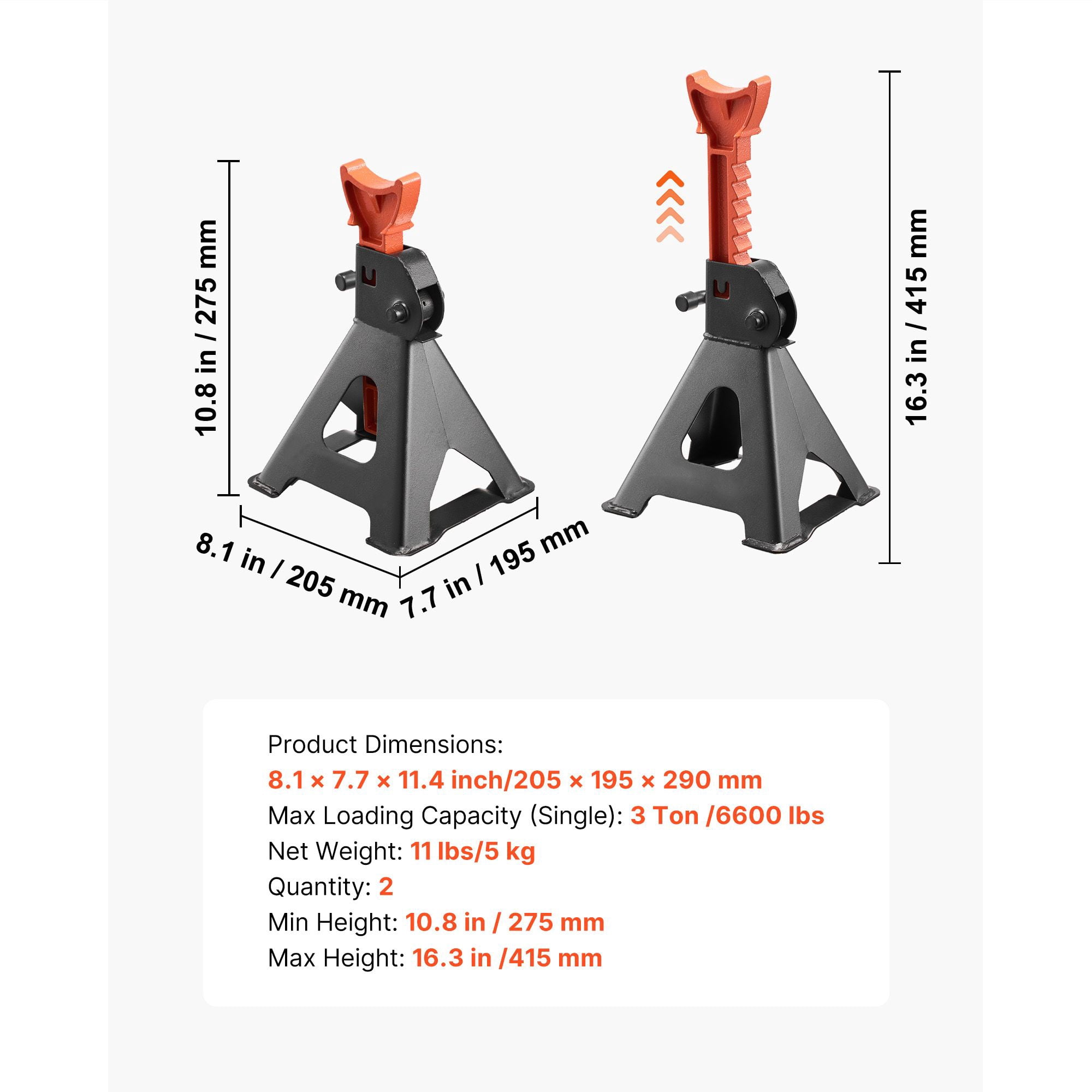 Jack Stands, 3 Ton (6,600 lbs) Capacity, 10.8-16.3 in Adjustable Height, Heavy Duty Steel Jack Auto Stands with Locking, for Lifting SUV, Pickup, Car and UTV/ATV, 1 Pair, Black and Orange