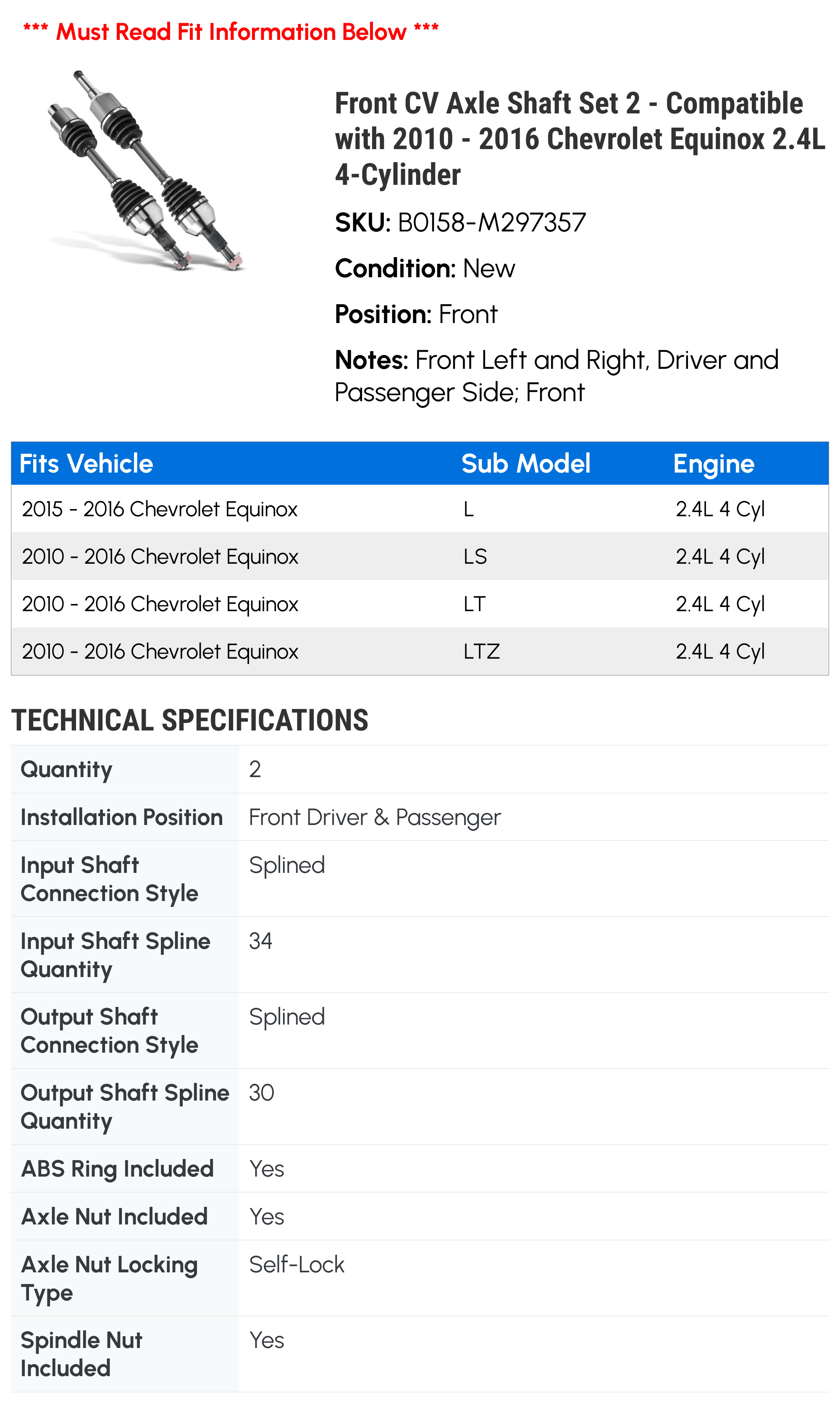 Front CV Axle Shaft Set 2 - Compatible with 2010 - 2016 Chevrolet Equinox 2.4L 4-Cylinder - Autopart Premium
