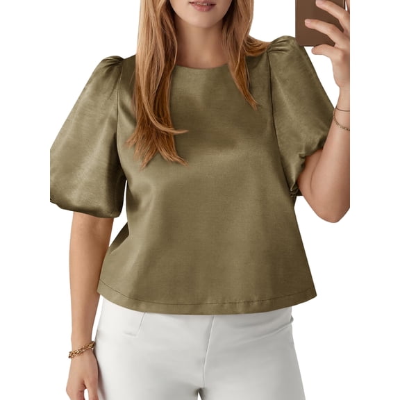 Women'S Satin Silk Blouses Puff Short Sleeve Dressy Casual Tops Loose Fit Crew Neck Cropped Shirts Green S