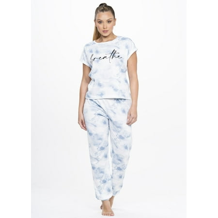 

D lunaas Blue Tie Dye Pajama Set Relaxed Silhouette Short Sleeve T-shirt and Jogger Pants Yoga Friendly Set Loungewear Nightwear