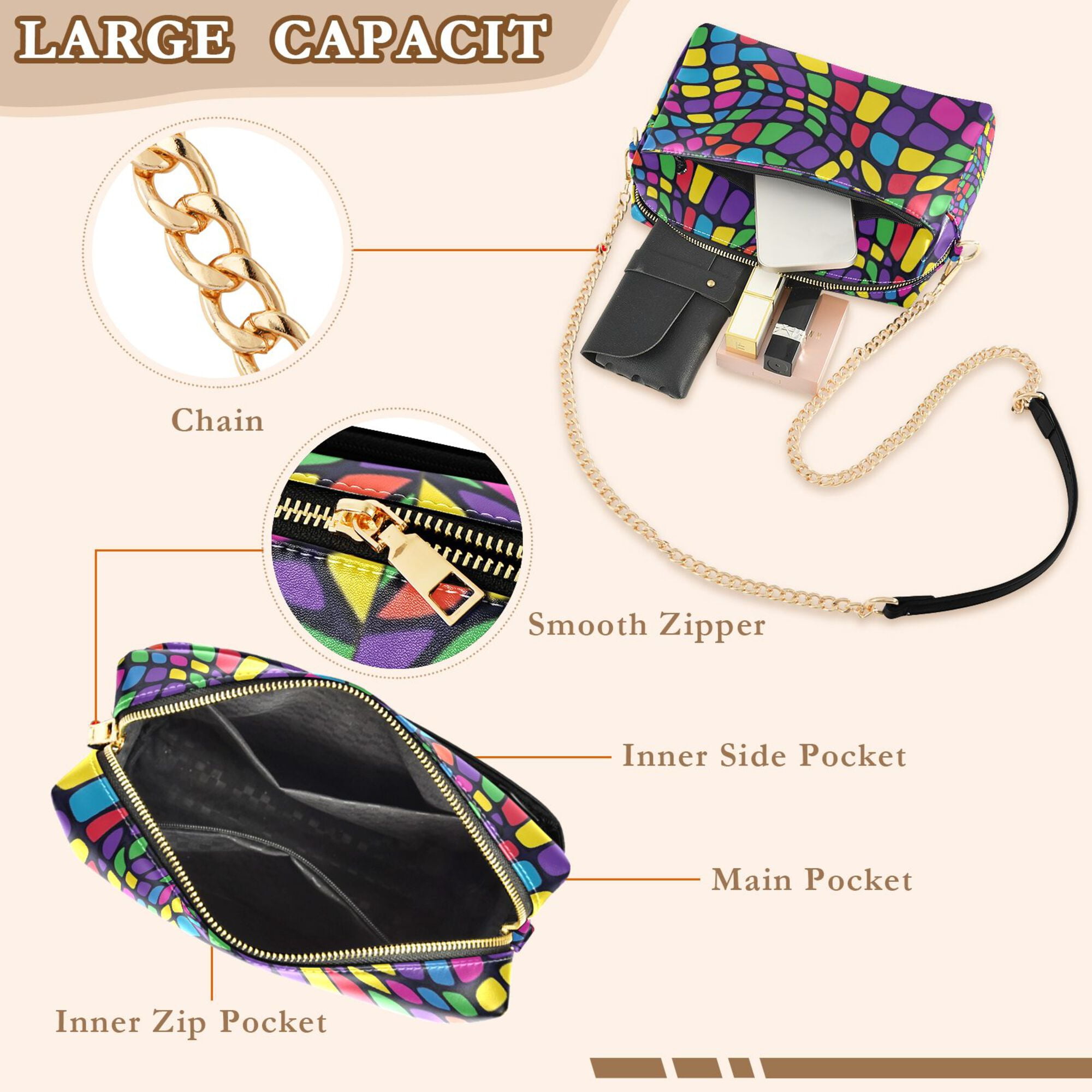 FORMRS Women Crossbody Purse with Chain Strap Vegan Leather Shoulder Handbag, Colorful Psychedelic