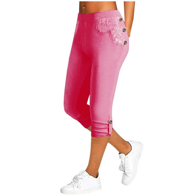 Timegard Leggings for Women Capri Pants Lace High Waisted Button Ruched Slim Bottom Trousers Comfy Yoga Pants