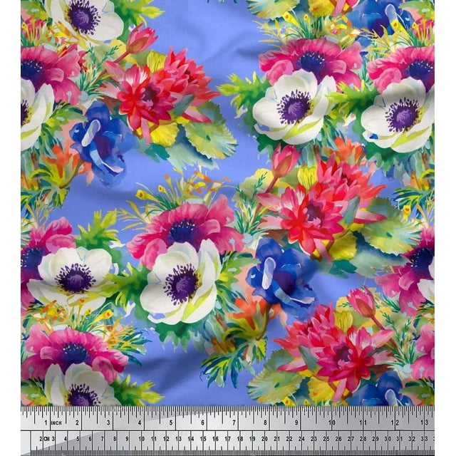 Soimoi polyester Crepe Fabric Leaves,Lotus & Anemone Floral Decor Fabric Printed Yard 42 Inch Wide