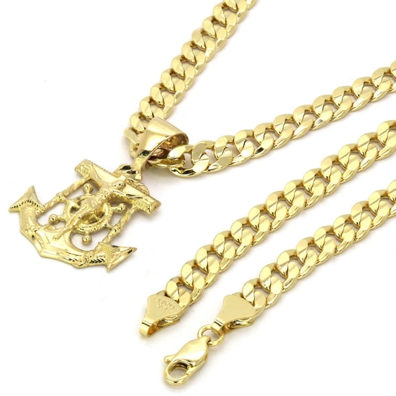 Mens 14k Gold Plated Brass Jesus Anchor Pendant 5mm 24" 14K Stamped Cuban Necklace Chain