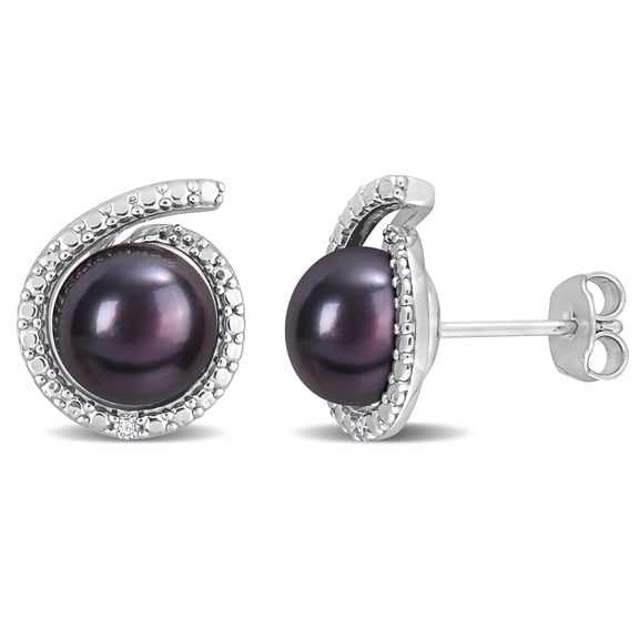 Everly Women’s Black Cultured Freshwater Pearl Diamond Accent Sterling Silver Stud Earrings