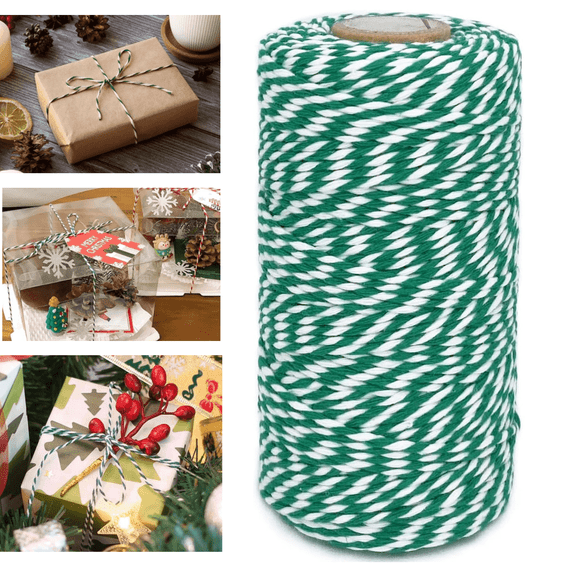 Green and White Cotton Twine, 2mm Thick Baker String, 328 Feet Christmas Twine for Gift Wrapping DIY Crafts Home Decoration Gardening