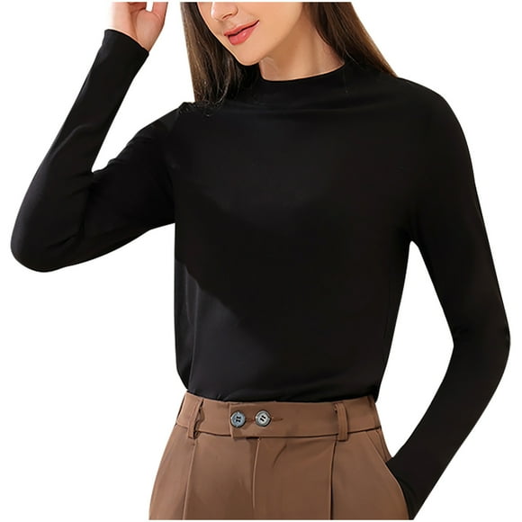 Black And Friday Deals ESSSUT Women'S Comfortable Solid Color O Neck Tight Long Sleeve Round Neck Underlay Tops Black Xl