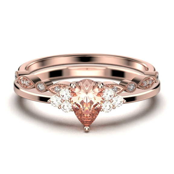 Dazzling Minimalist 1.75 Carat Pear Cut Affordable Ring, Morganite And Diamond Moissanite Engagement Ring, Unique Wedding Ring, One Matching Band in 10k Solid Rose Gold, Gift For Her, Bridal Set