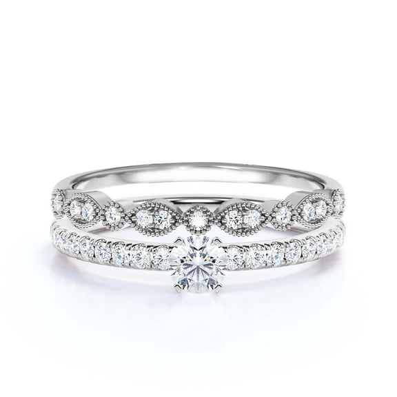 Dazzling Art deco 1.25 Carat Round Cut Diamond Moissanite Engagement Ring, Wedding Ring, One Matching Band in 925 Sterling Silver With 18k White Gold Plating Gift For Girlfriend, Small Promise Ring