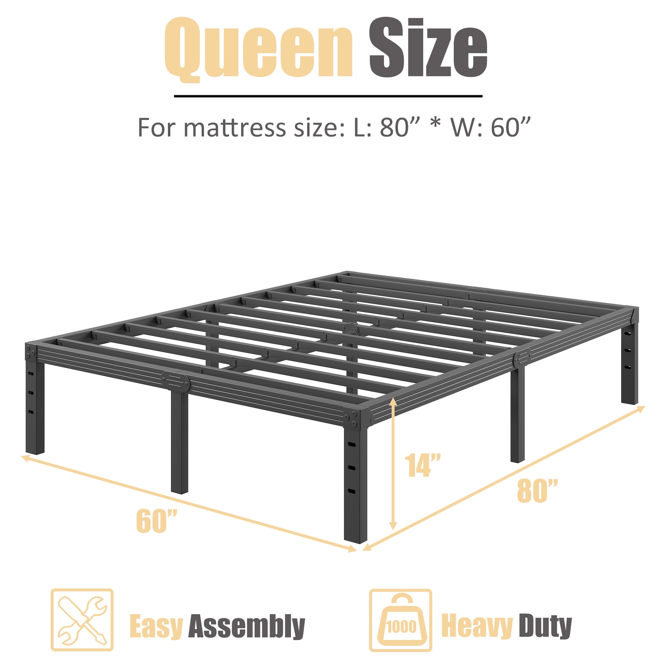 NESLIME 14 inch Queen Size Heavy Duty Metal Bed Frame, Sturdy Construction, No Box Spring Needed, Easy Assembly