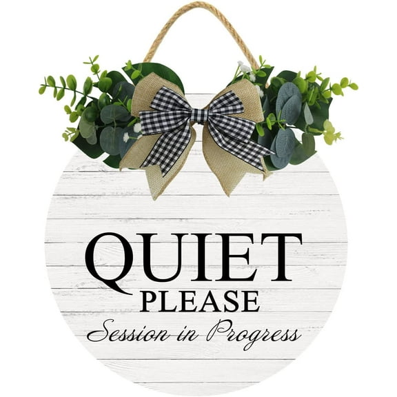 Eveokoki 12" Funny Office Signs,Quiet Please Session In Progress Front Door Round Wood Sign Hanging,Porch Decor Sign for Farmhouse,Rustic Wood Wreaths Sign