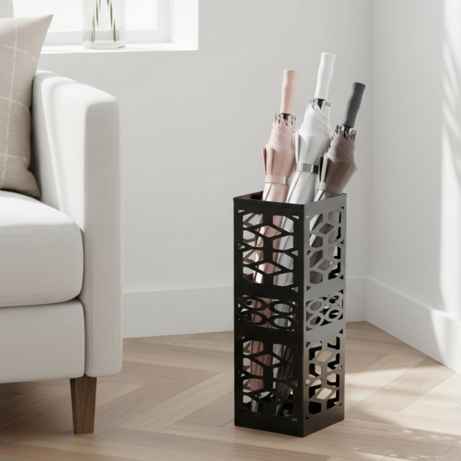 Metal Umbrella Holder Stand For Entryway  Square Organizer Walking Sticks Storage Bin Freestanding Home Office Hotel Black 5.9 X 5.9 15.7 Inches