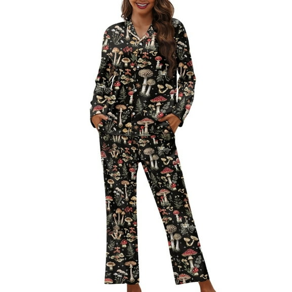 DISNIMO Mushroom Print Women Pajama Sets Long Sleeve Sleepwear with Long Pants 2 Piece Lounge Set with Pockets Button Down Nightwear Loungewear, XS