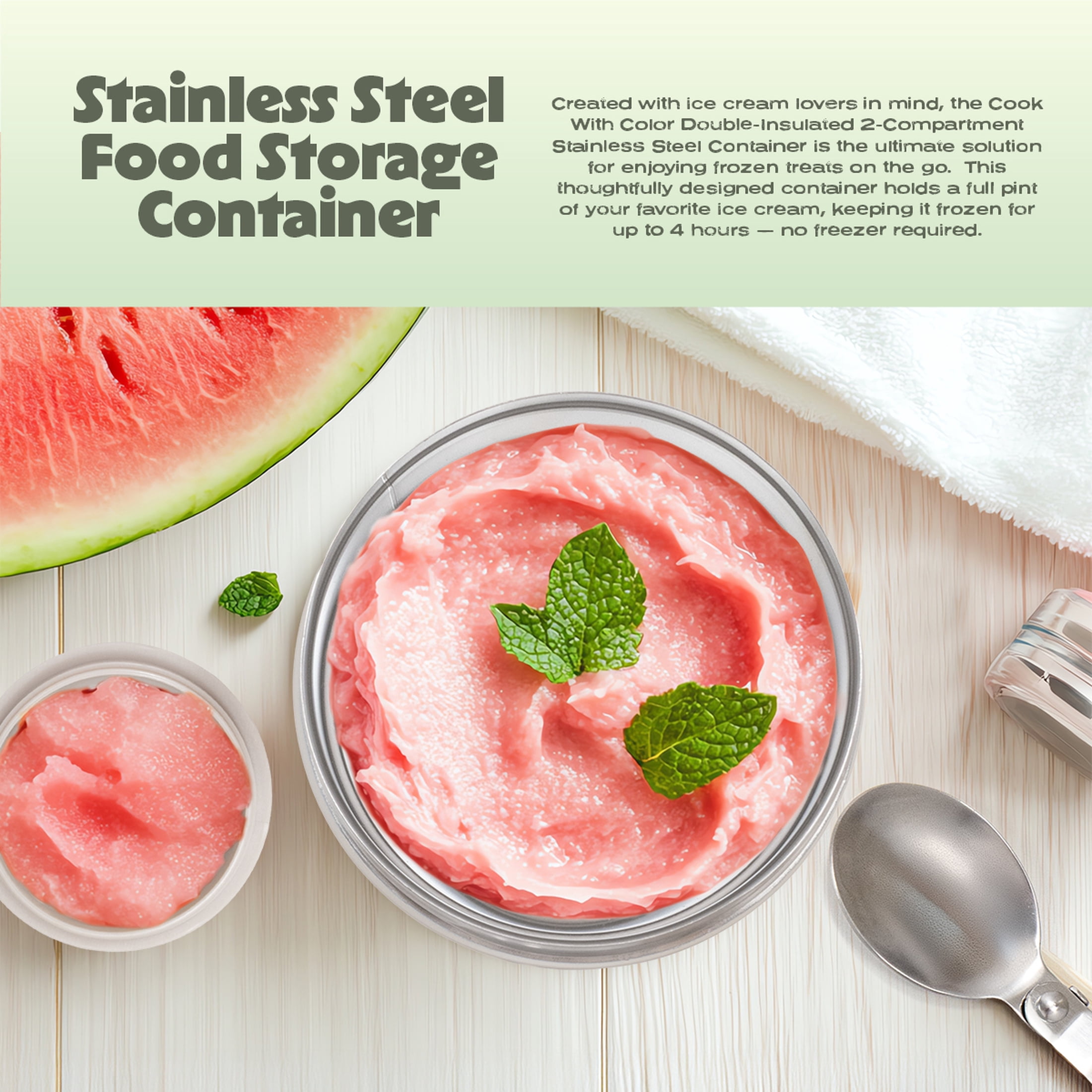 Cook with Color Insulated Ice Cream or Soup Container with Toppings Compartment and Spoon, Sage