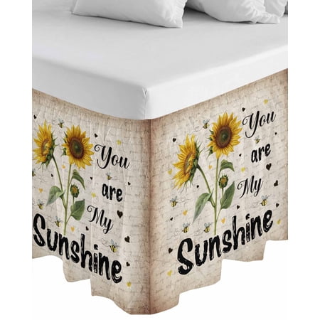 Vintage Sunflowers Wrap Around Bed Skirts for King Bed 16" Drop,Bed Skirt with Adjustable Elastic Belt Dust Ruffle Bed Valance for Bedroom Hotel You Are My Sunshine Farmhouse Floral Bed Frame Cover