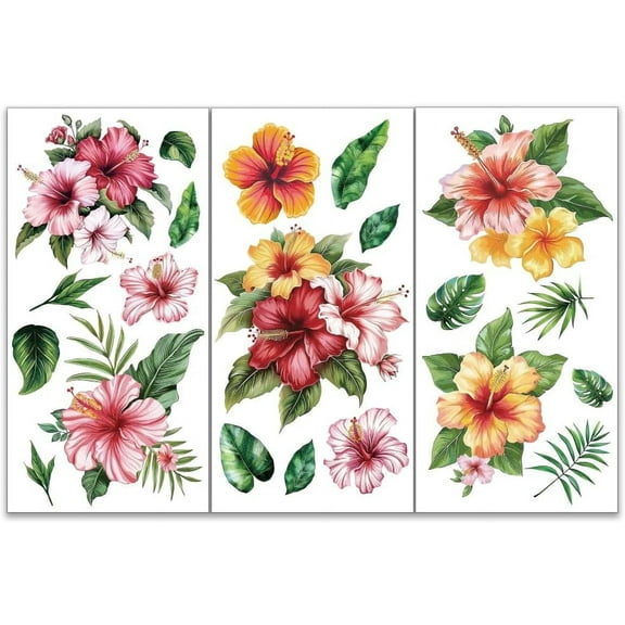 3pcs/Set Flower Rub on Transfers for Furniture and Crafts 6x12 inch Bohemian Flowers Decor Transfer Stickers Hibiscus Syriacus Rub on Decals for Wood Furniture Scrapbooking Home Decorations DIY