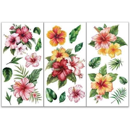 3pcs/Set Flower Rub on Transfers for Furniture and Crafts 6x12 inch Flowers Decor Transfer Stickers Hibiscus Syriacus Rub on Decals for Wood Furniture Scrapbooking Home Decorations