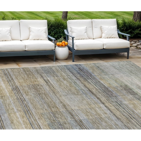 8' X 10' Khaki Tan And Beige Striped Washable Indoor Outdoor Area Rug