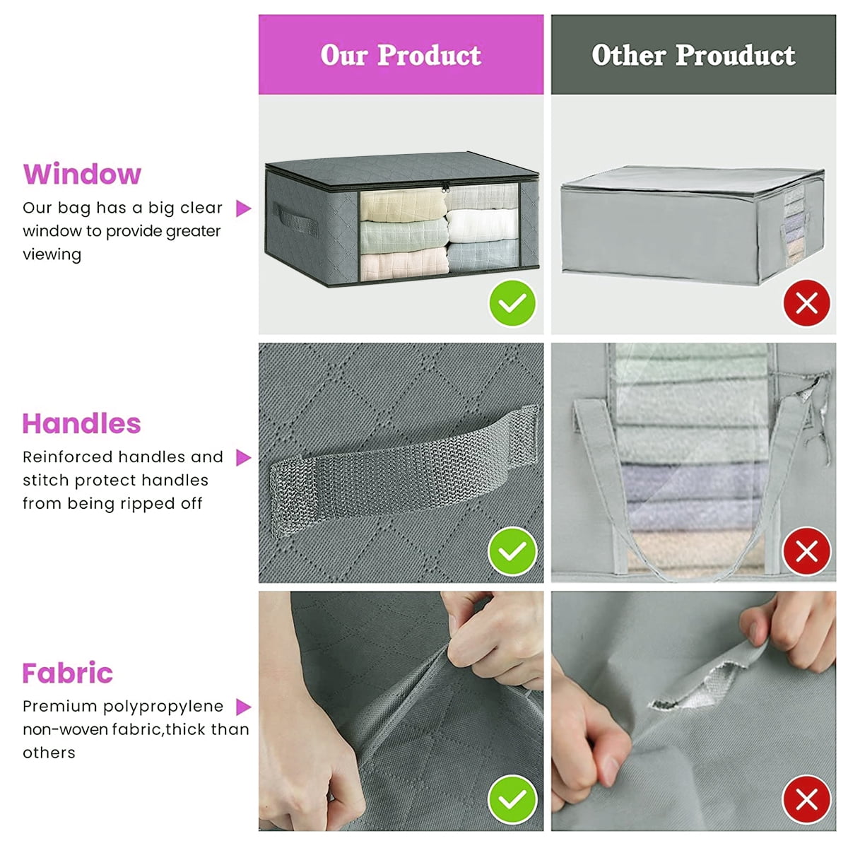 Rirool Foldable Storage Box, 6 Pack Clothes Organizer with Clear Windows, Sturdy Handles Storage Bag 19.7 x 13.78 x 7.87 inches, Gray