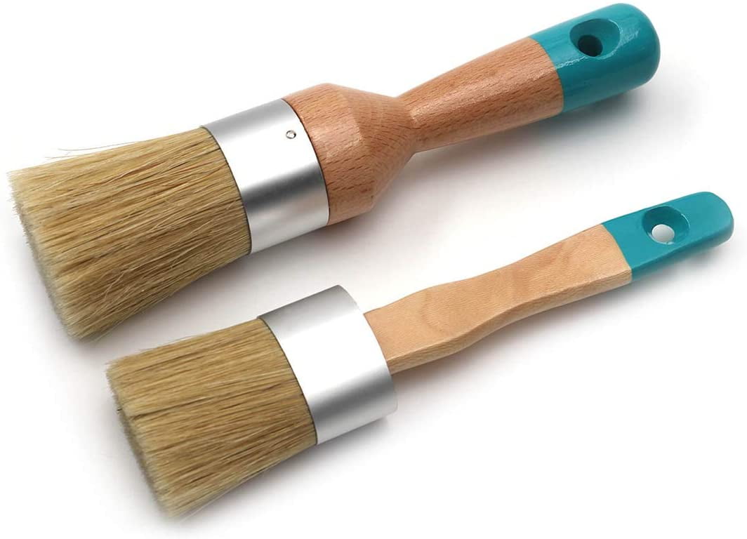Chalk & Wax Paint Brush Set for Furniture, DIY Painting and Waxing Tool, Round Chalk Paint Brush, Stencils,Natural Pure Bristles, 2 PCS, Large