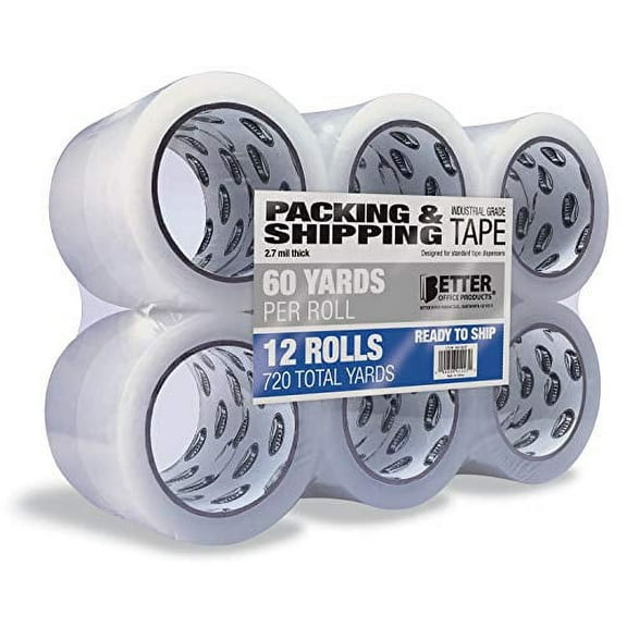 12 Pack Clear Packing, Shipping Tape Refill Rolls, Commercial/Industrial Grade, by Better Office Products, 2.7 mils, 1.88 Inch x 60 Yards Per Roll, 720 Total Yards, 12 Rolls