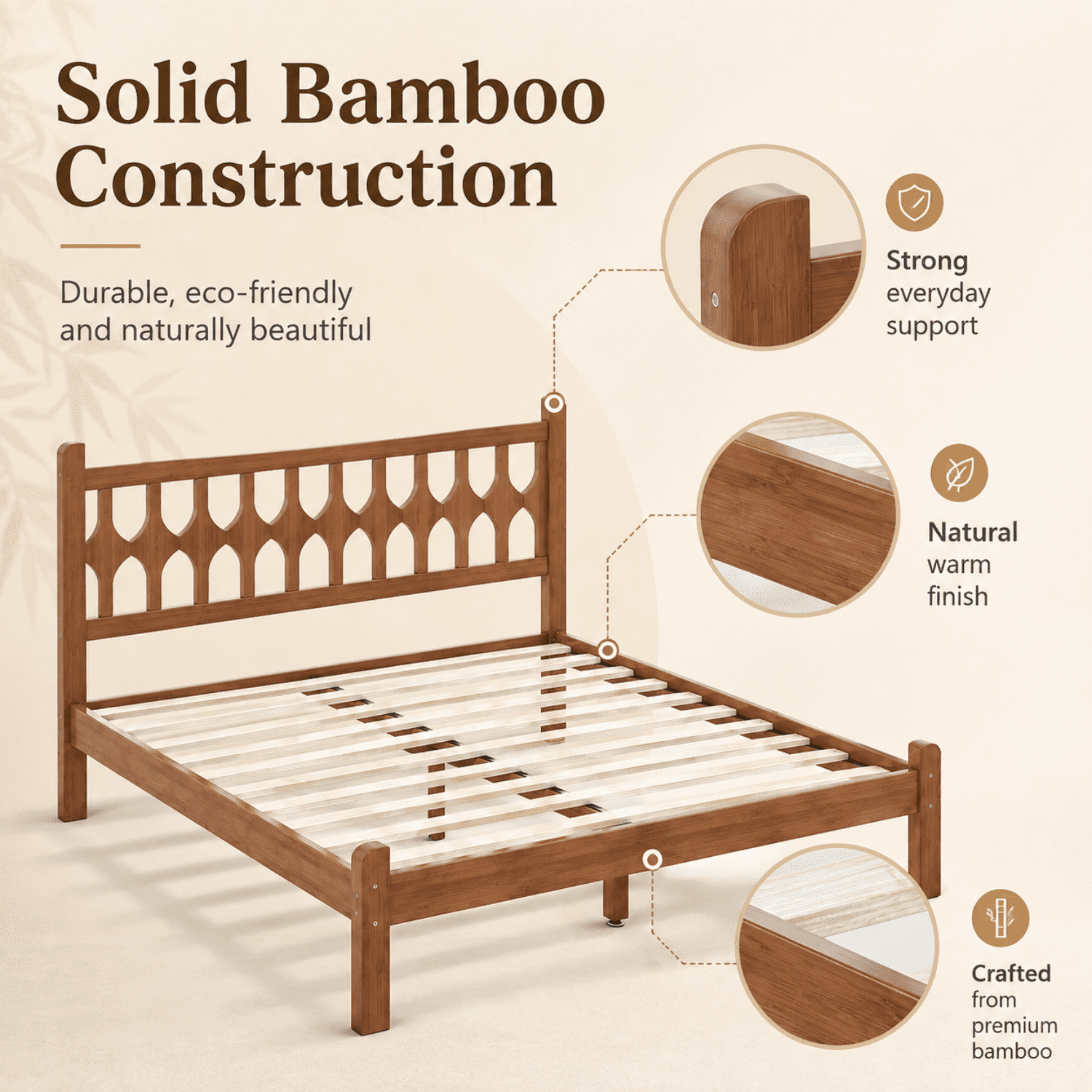 Miniyam Queen Size Bamboo Platform Bed Frame with Geometric Headboard, Brown