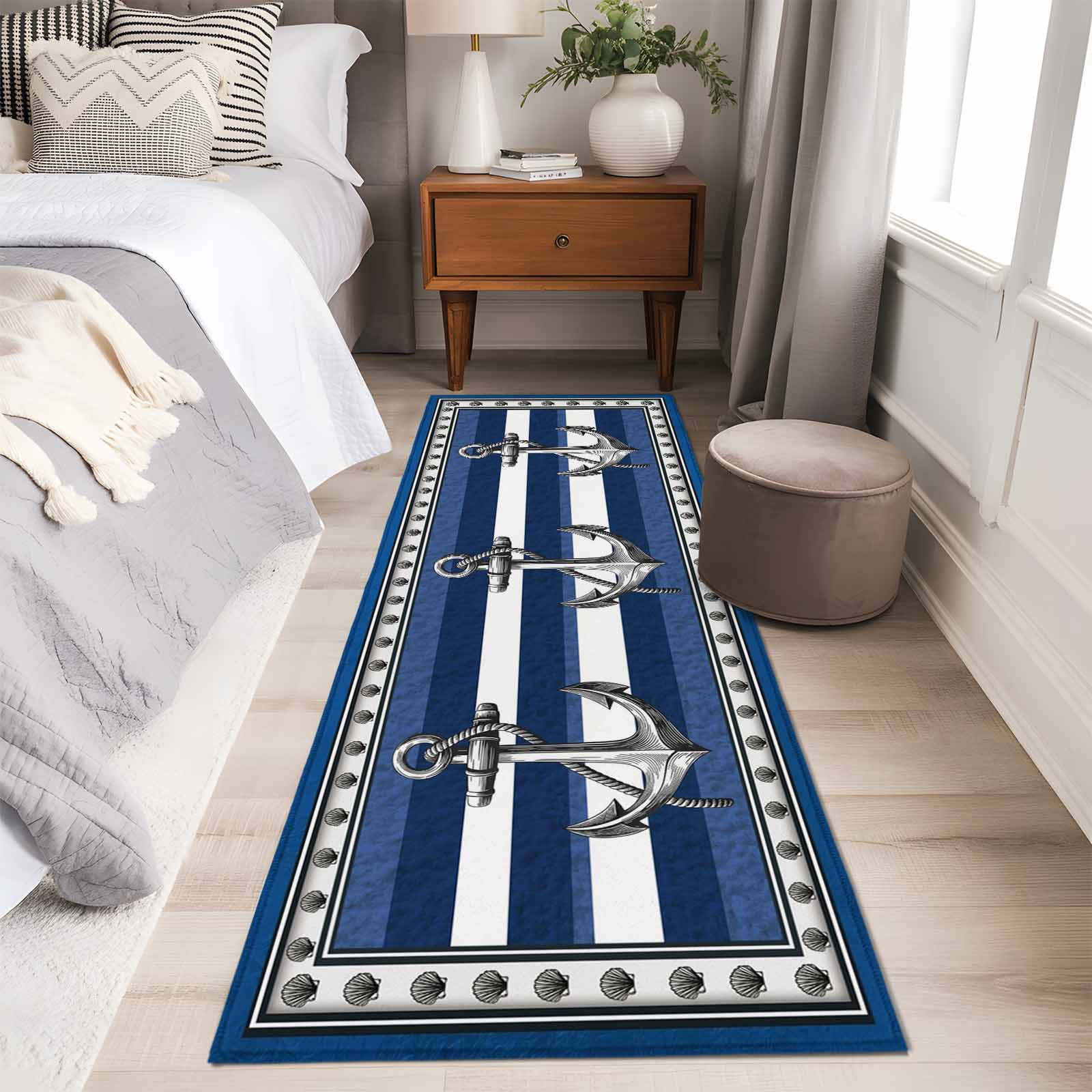 Runner Rugs 2x6 Ft, Navy Blue Anchor Non Slip Area Rugs for Kitchen Bedroom Entryway, Nautical Summer Beach Coastal Ocean Washable Carpet Runner Rug Floor Mats for Bedroom Home Decor