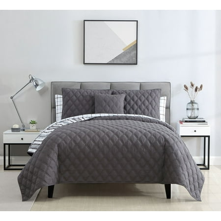 Mainstays Striped Pinsonic Reversible Quilt Bed-in-a-Bag Set, Queen, Grey