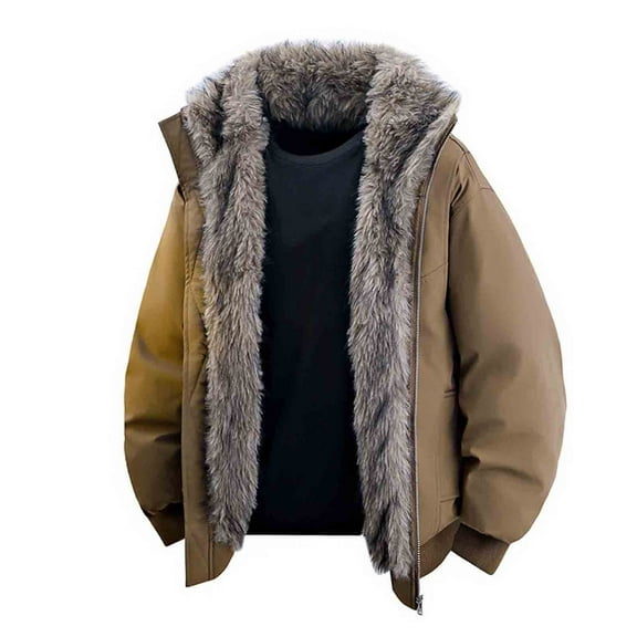 Men's Bomber Jacket Zipper Stand Collar Windbreaker Thermal Insulated Windproof Plush Lined Winter Coat with Pockets Outdoor Daily Wear,Coffee,L