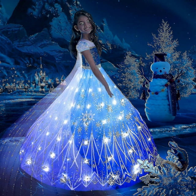 Anna Elsa Robe Lumineuse Led Filles Jeu de Rôle de Noël Robe de Fête Reine des Neiges Robe de Carnaval