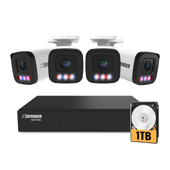 AI POWERED Defender Sentinel 4K Wired PoE Security Camera System with 1TB 8Ch NVR, 4 Outdoor Surveillance Metal 8MP/4K Cameras, SMART AI Human Detection, Blue-Red Flashing Deterrence, Mobile App