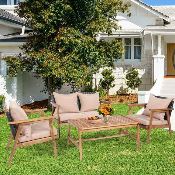 Gymax 4PCS Outdoor Furniture Set Patio Conversation Set  w/ Wood Frame Cushion