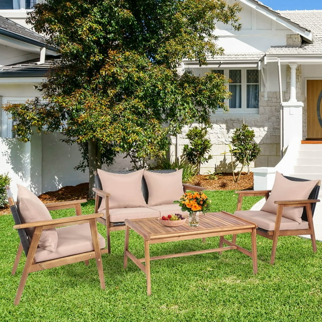 Gymax Ensemble de Mobilier d'Extérieur 4 Pcs Ensemble de Conversation pour Patio avec Cadre en Bois Coussin