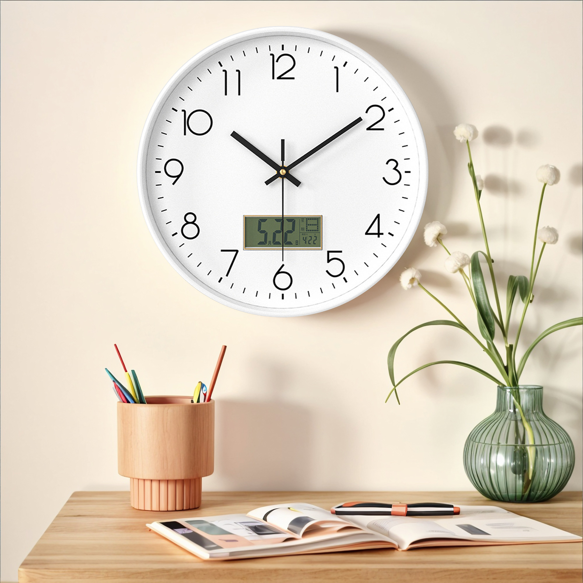 Unique Bargains Silent Non Ticking Wall Clock with Date and Temperature White
