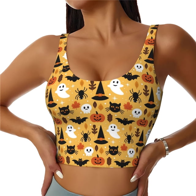 Fotbe Halloween Ghost Pumpkin Sujetador Deportivo Largo sin Aros para Mujer con Almohadillas y Soporte Medio, Transpirable y Absorbente, Camiseta Tipo Chaleco o Tank Top-Small