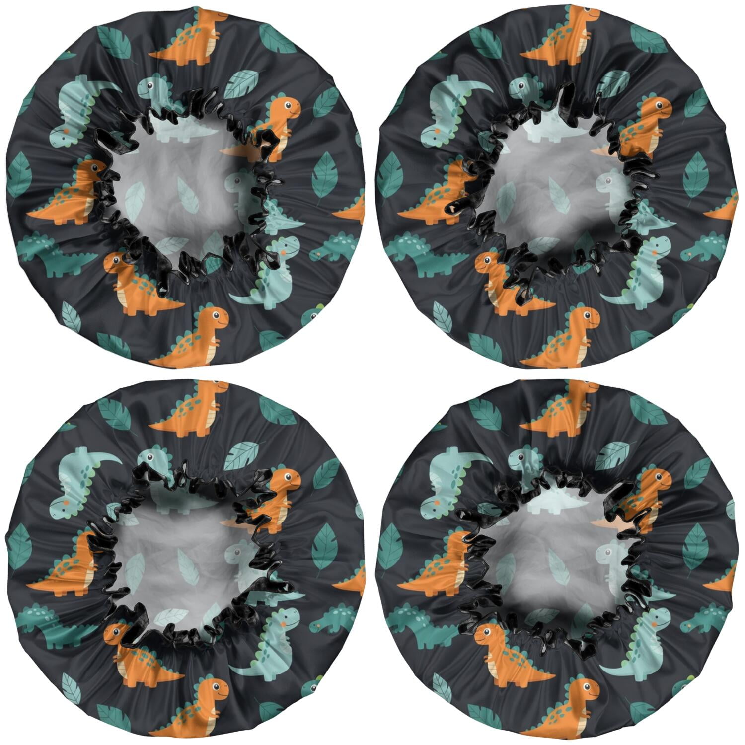 Shower Caps,Black Dinosaurs Leaves Pattern Waterproof Shower Cap for Women 4 Pieces,Double Reusable Hair Cover for Shower PEVA Elastic Stretch Hem