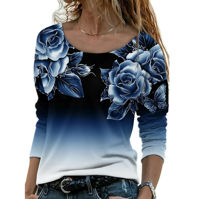 LUXUR T-shirt Col Rond Femme Chic Quotidien Bleu 4TG