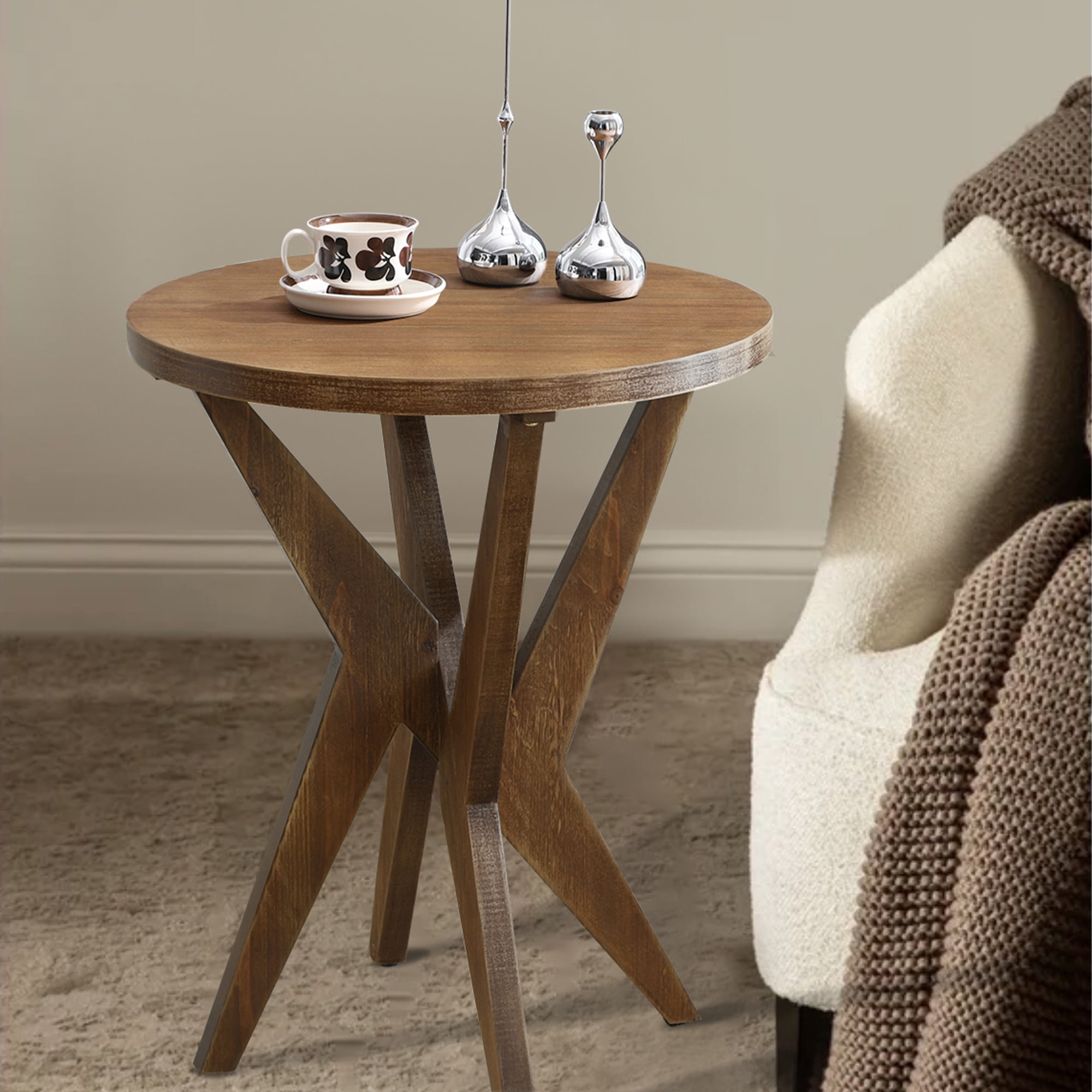 Set of 2 Round End Table 24'' High Side Table with Cross Legs, Mid Century Modern Accent Bedside Table for Living Room, Balcony, Bedroom or Small Spaces, Raw Walnut
